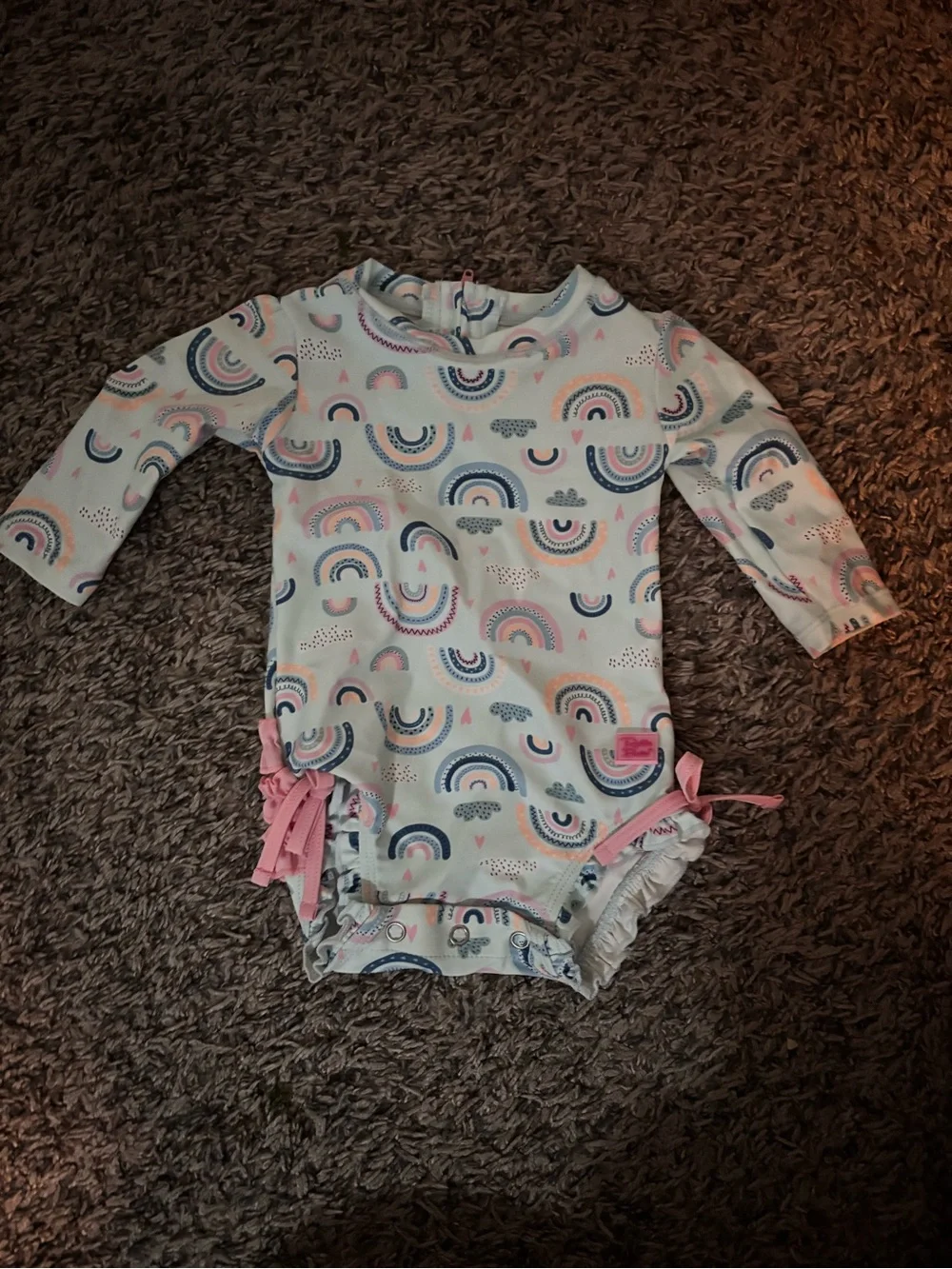 Ruffle Butts Long-Sleeve Rainbow Print Swim Bodysuit - Pink & Blue